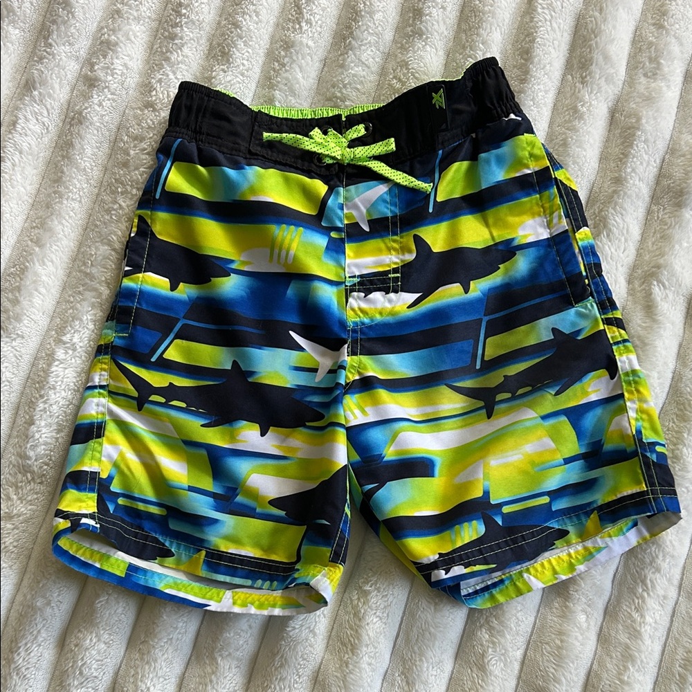 Boys Shark Print Swim Trunks - Neon Yellow & Blue